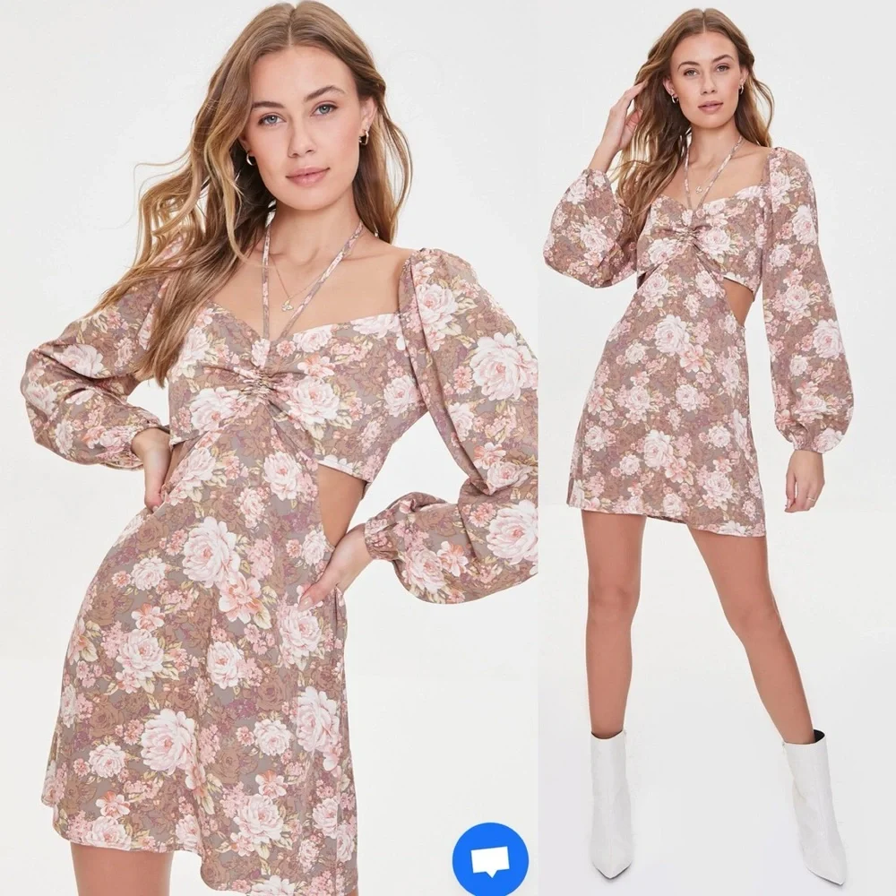 Forever 21 Brown Floral Cut Out Puff Long Sleeve Tie Neck Mini Dress - Picture 1 of 15
